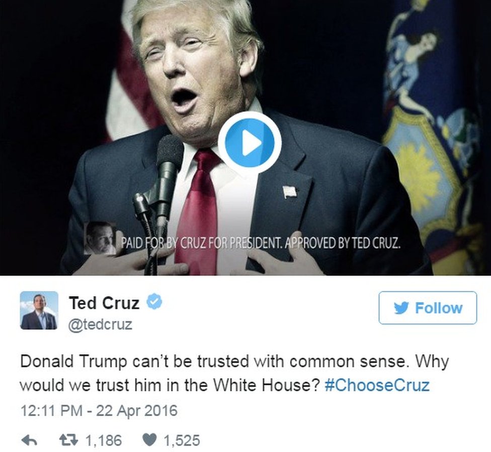 Твит Теда Круза в апреле 2016 года, в котором говорится: Дональду Трампу нельзя доверять здравому смыслу. Почему мы должны доверять ему в Белом доме? #ChooseCruz