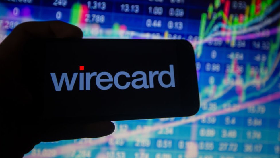 Логотип Wirecard на телефоне против графиков фондового рынка.