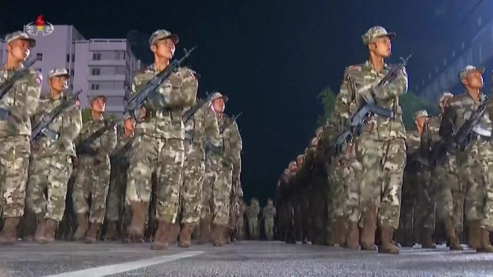 Soldiers march in Pyongyang