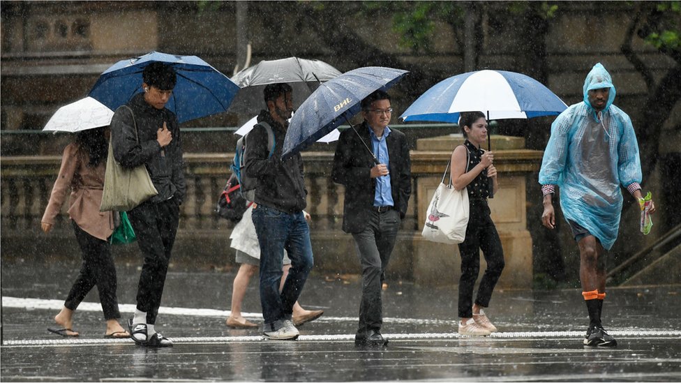 Пешеходы держат зонтики во время прогулки под проливным дождем в центральном деловом районе Сиднея 17 января 2020 года.
