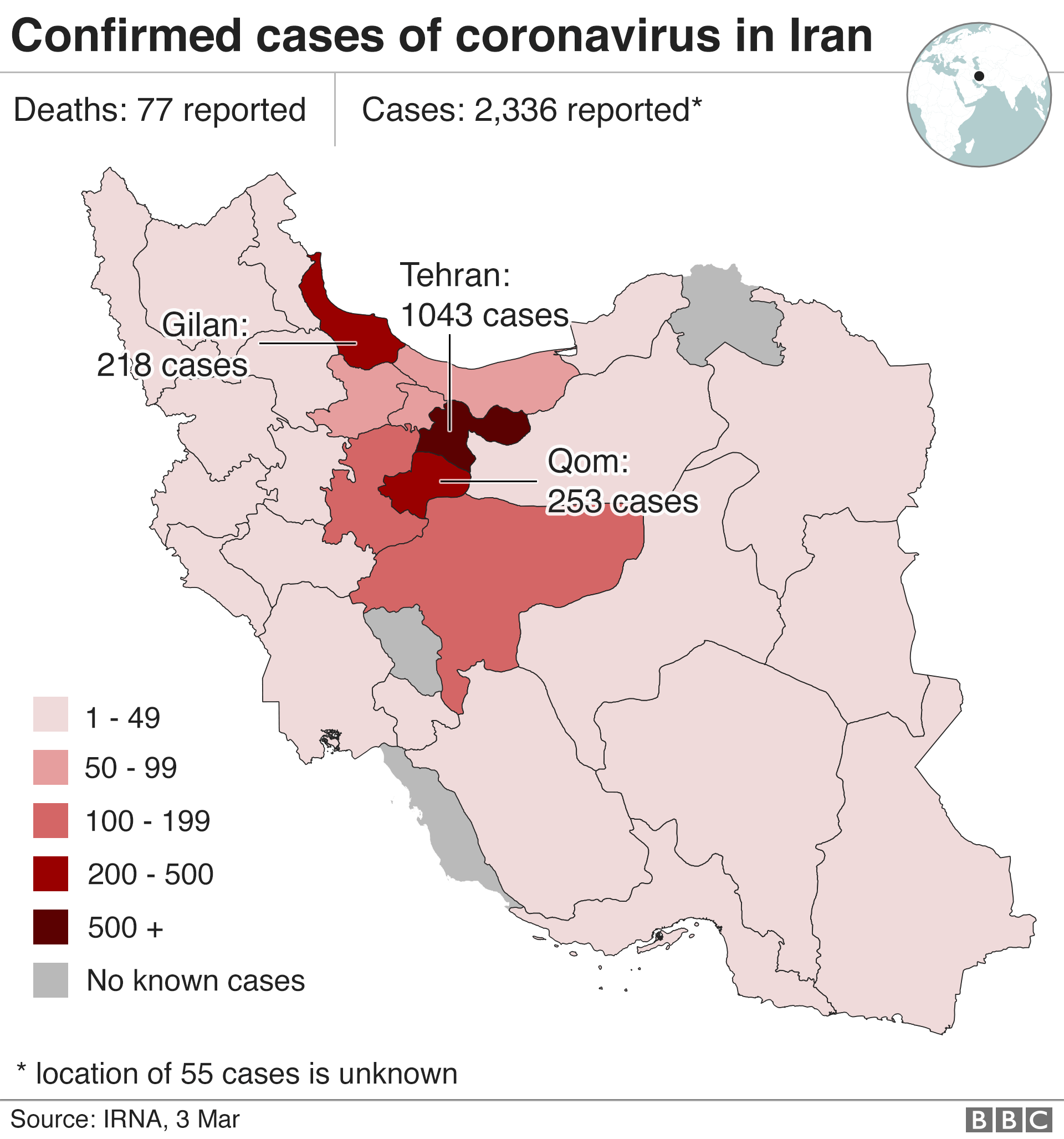 Карта, показывающая количество подтвержденных случаев Covid-19 в Иране (3 марта 2020 г.)