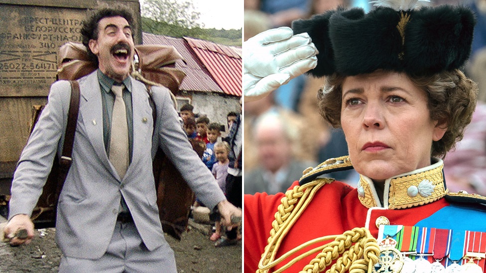 Sacha Baron Cohen in Borat Subsequent Moviefilm and Olivia Colman in The Crown