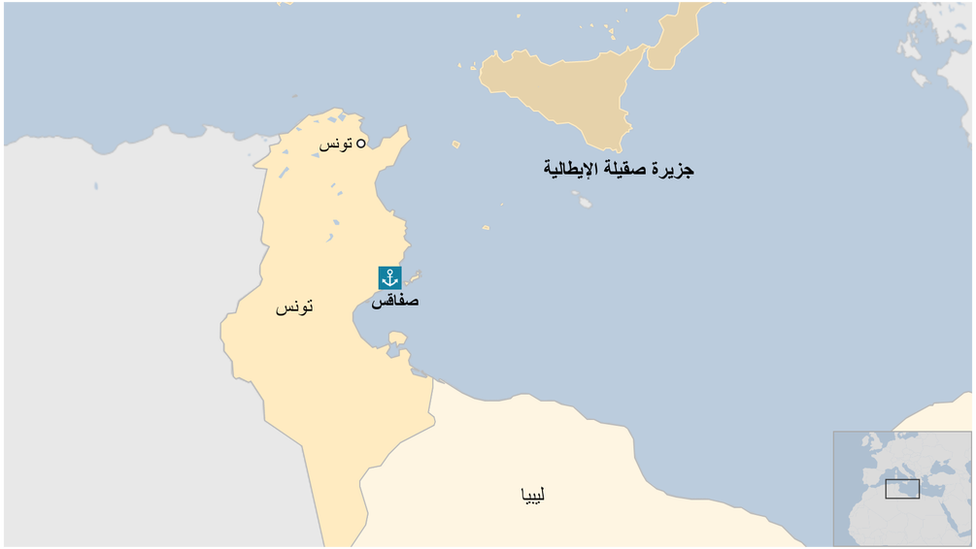خارطة تبين المسافة بين الشواطئ التونسية والإيطالية