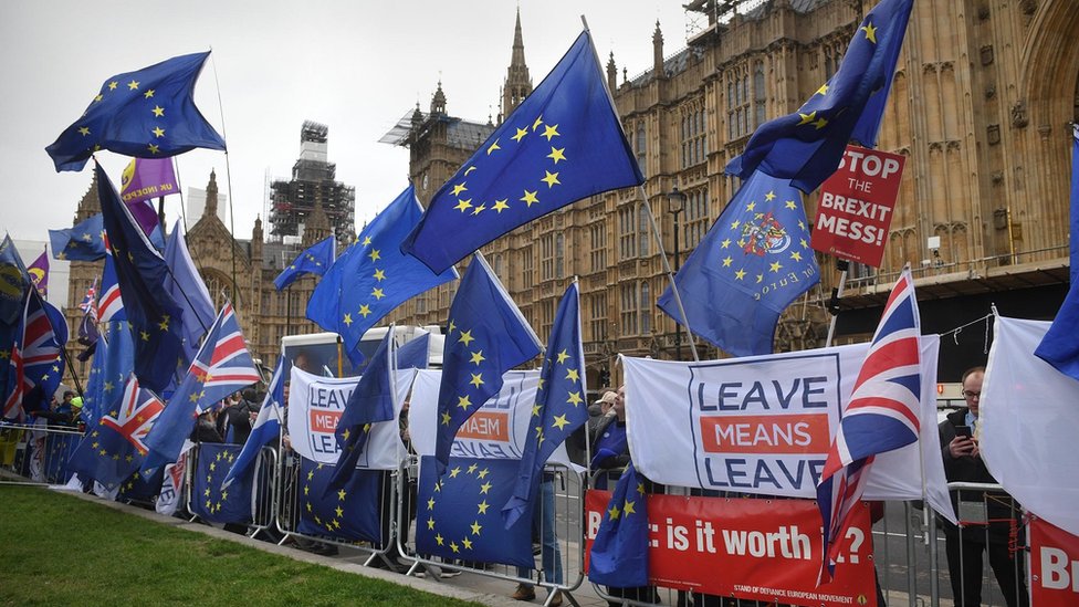 Протестующие, выступающие за и против Брексита, стали постоянным явлением за пределами парламента в 2019 году