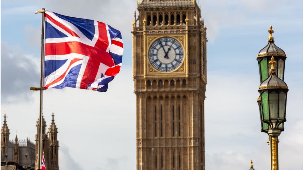 El Big Ben junto a una bandera de Reino Unido.