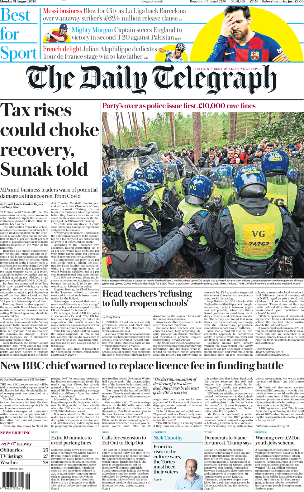 The Daily Telegraph front page 31 August 2020