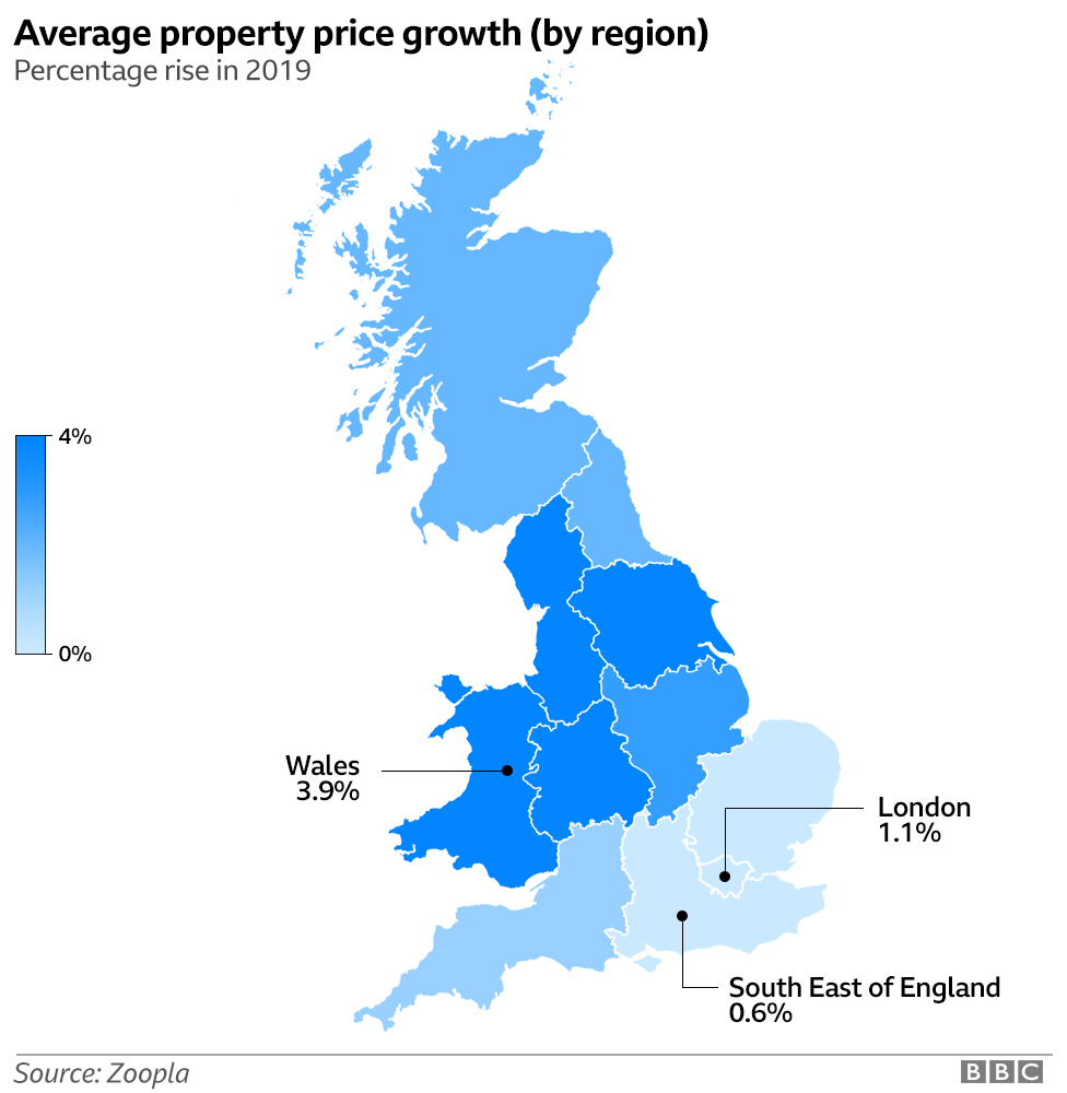карта Великобритании с указанием разницы в ценах на дома