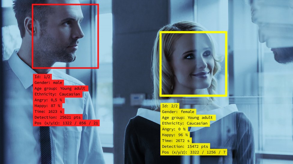 Концептуальный рисунок, показывающий мужчину и женщину, обнаруженных программой распознавания лиц
