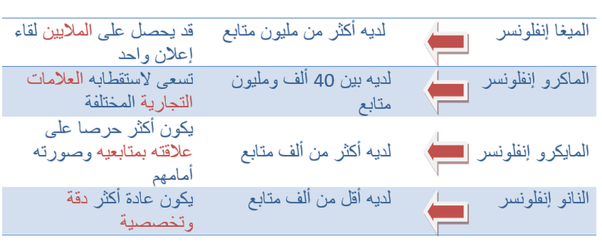 يُقسم المؤثرون عادة إلى أربعة أنواع من حيث العدد
