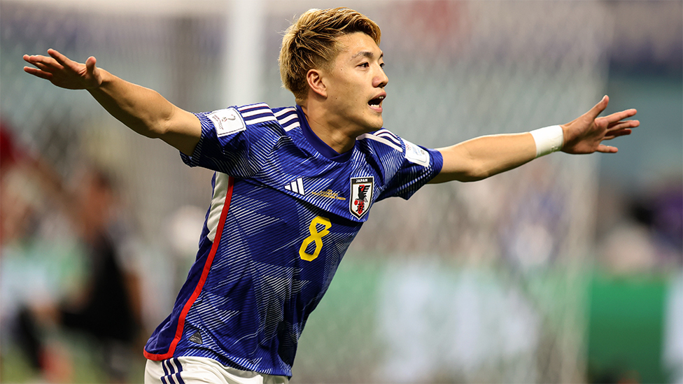 Ritsu Doan of Japan celebrates the second Japanese goal against Spain