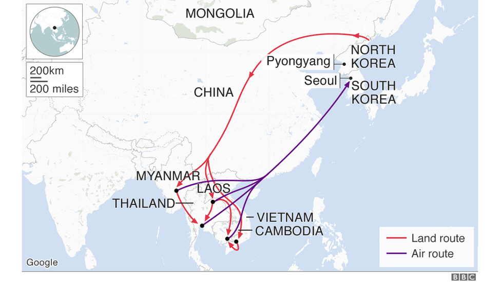 The main routes taken by defectors wishing to escape North Korea and seek asylum in South Korea