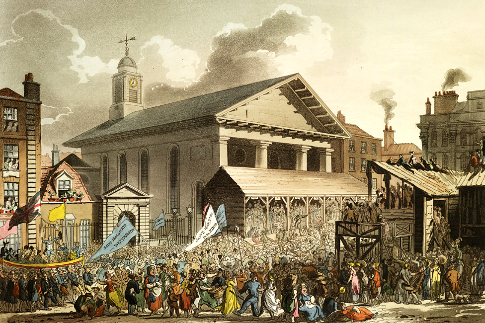 Церковь Святого Павла в Ковент-Гарден, Лондон - изображена во время предвыборной агитации на площади (работа Августа Пугина)