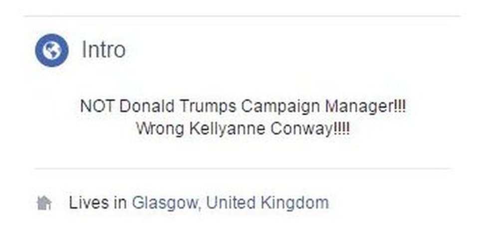 Введение в профиль Facebook, которое гласит: НЕ руководитель кампании Дональда Трампа! Неправильная Келлиэнн Конвей! "