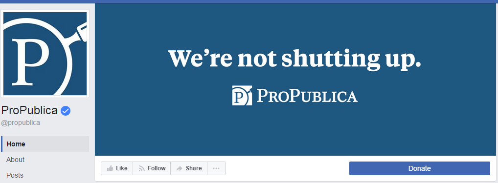 Снимок экрана со страницы ProPublica в Facebook, на котором изображен их логотип и слоган: «Мы не затыкаемся».