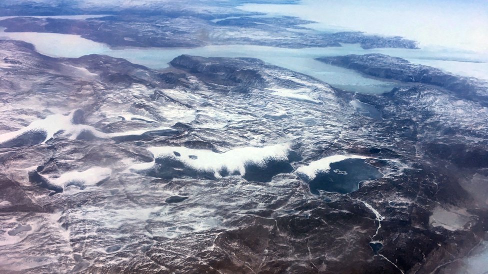A vast frozen swathe of Greenland is seen in this aerial shot
