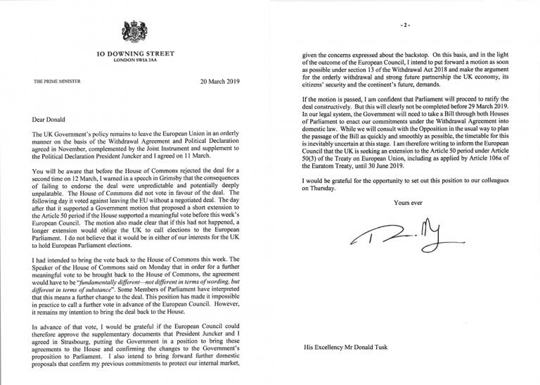 May'in AB Konseyi Başkanı Donald Tusk'a gönderdiği mektup.