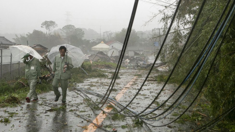 A view of fallen electric cables after a tornado caused by Typhoon Hagibis hit Ichihara, Chiba Prefecture, 12 October 2019.