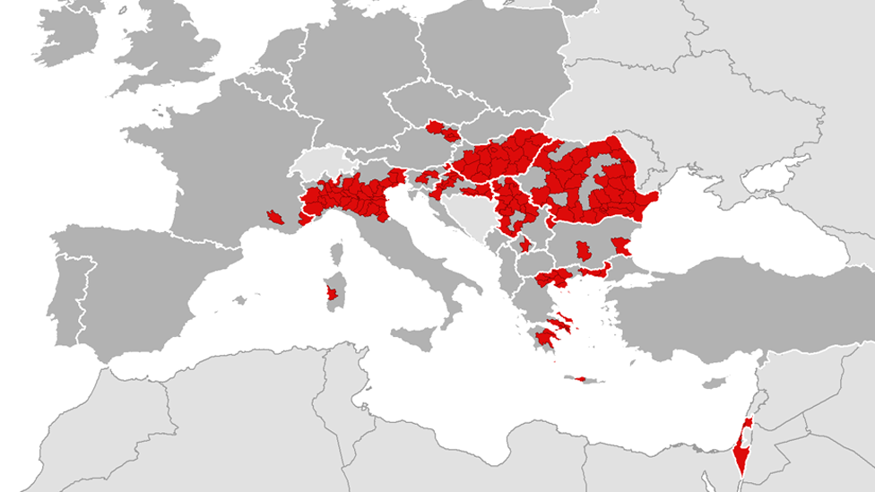Mapa de Europa con los casos de fiebre del Nilo en 2018.