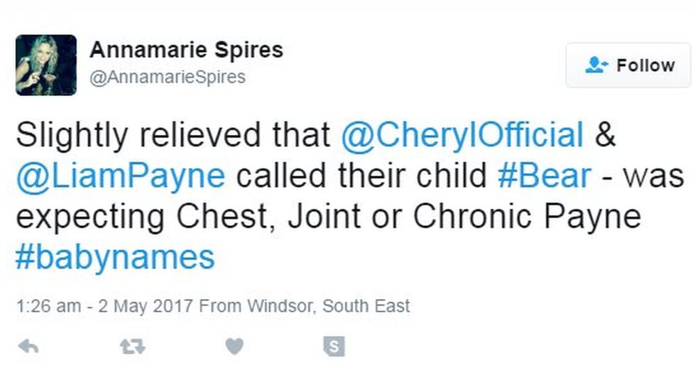 Аннамари Спайерс в Твиттере: Слегка обрадовалась, что @CherylOfficial и @LiamPayne назвали своего ребенка Медведем - ожидали Chest, Joint или Chronic Payne. Хешируйте детские имена.