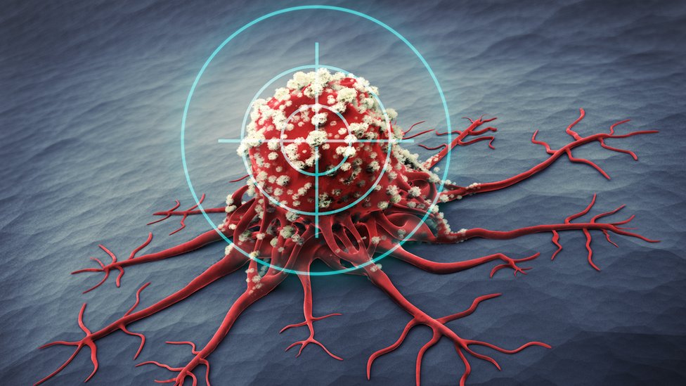 Ilustração de célula cancerosa rodeada por símbolo de alvo
