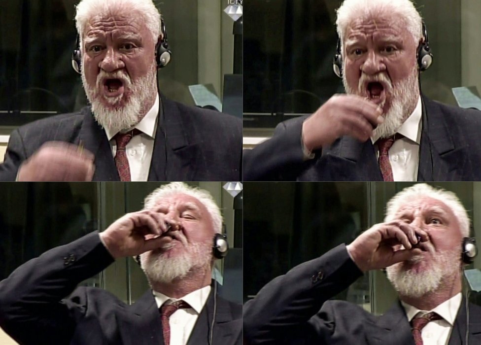 Antes de suicidarse, Praljak declaró: "Slobodan Praljak no es un criminal de guerra. Rechazo el fallo del tribunal". Slobodan Praljak