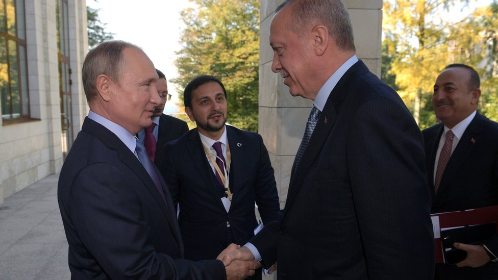 Президент России Владимир Путин пожимает руку президенту Турции Реджепу Тайипу Эрдогану в Сочи, Россия (22 октября 2019 г.)