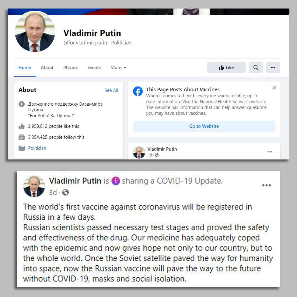 Captura de pantalla de la página de Facebook de suplantación de Putin