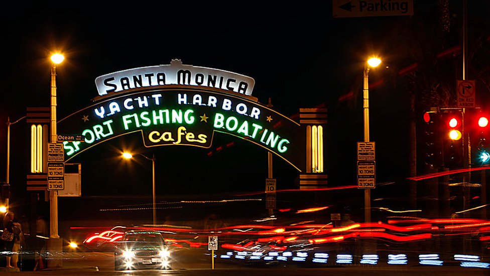 The entrance to the Santa Monica Pier in Los Angeles County