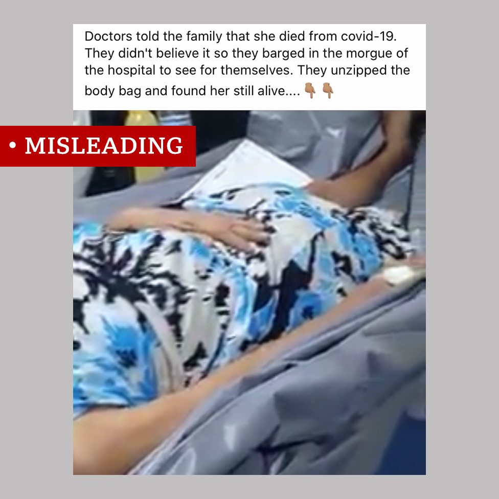 Screenshot of a misleading post about video showing a woman in a "body bag"