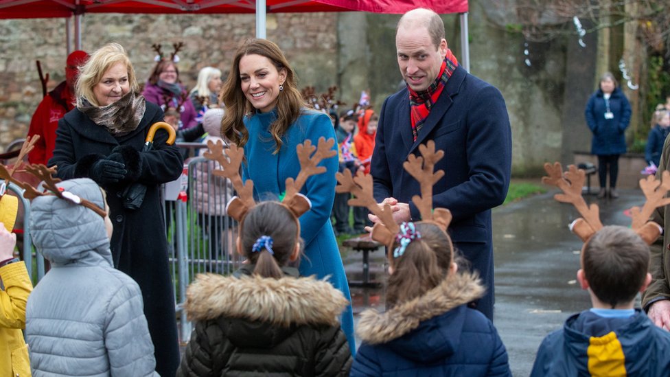 Kate and William were greeted by children wearing antlers on their heads at a school visit in Berwick-upon-Tweed