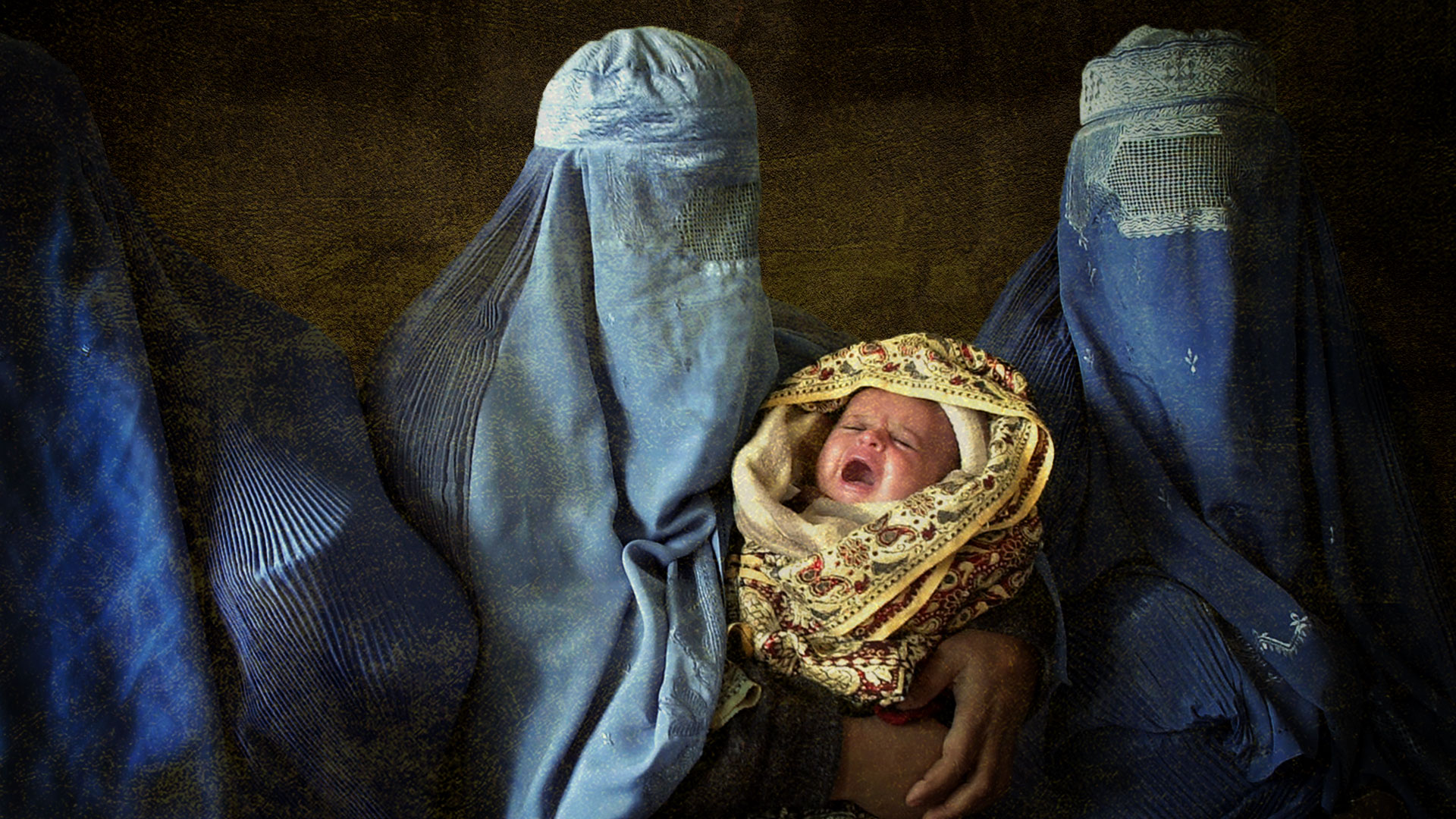 Mujeres afganas con burkas y un bebé, ilustración