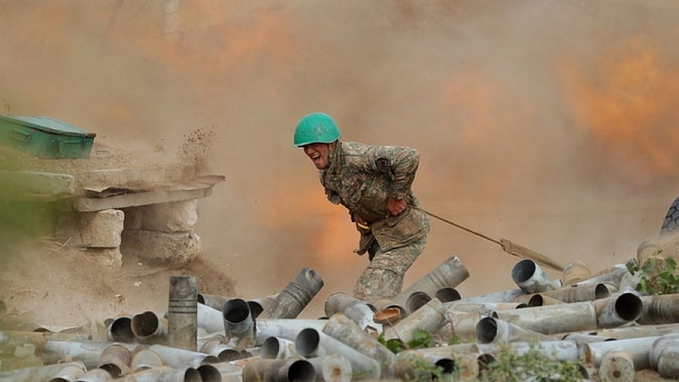 Armenian Defence Ministry photo shows Armenian soldier during clashes with Azeria forces. 30 Sept 2020