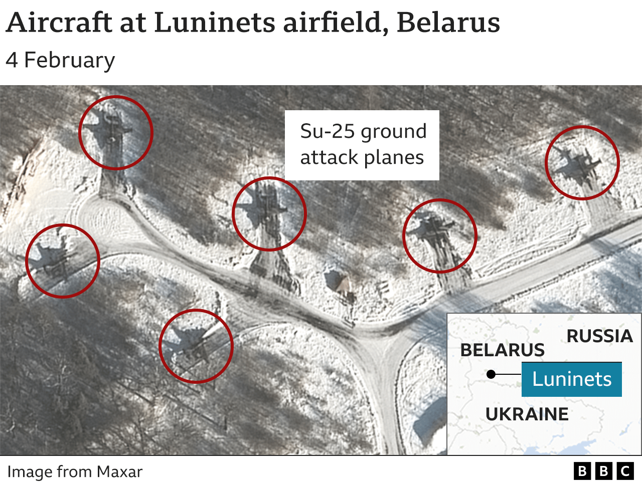 Satellite image showing Su-25 aircraft at Luninets airfield. Updated 10 Feb.