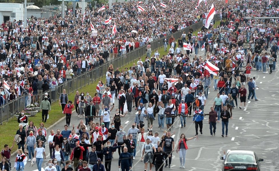 Protesters march during a rally to protest against the presidential election results in Minsk, Belarus, 13 September 2020