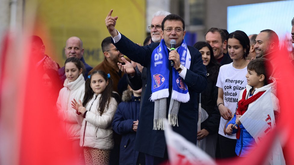 Istanbul Mayor Ekrem Imamoglu of the main opposition Republican People's Party (CHP) addresses the supporters during an election campaign rally in Istanbul on March 22, 2024, ahead of the municipal elections of March 31. (Photo by Yasin AKGUL / AFP) (Photo by YASIN AKGUL/AFP via Getty Images)