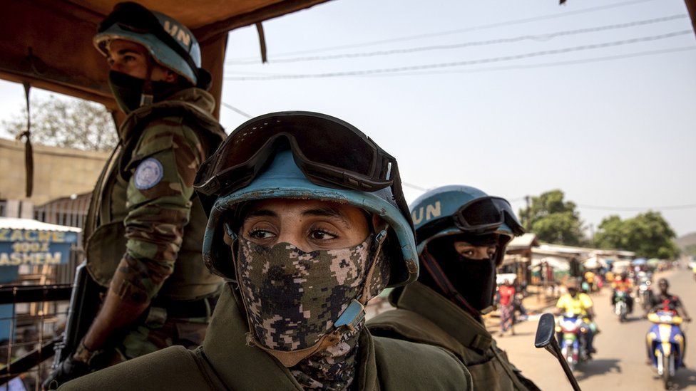 Egyptian personnel working for the United Nations Multidimensional Integrated Stabilization Mission in the Central African Republic (MINUSCA) patrol on the outskirts of the capital Bangui, Central African Republic (CAR), 25 December 2020
