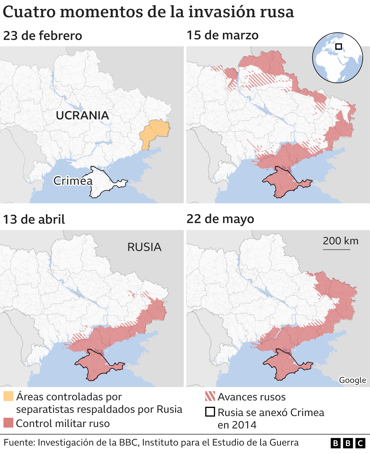 Cuatro mapas de la evolución de la guerra.