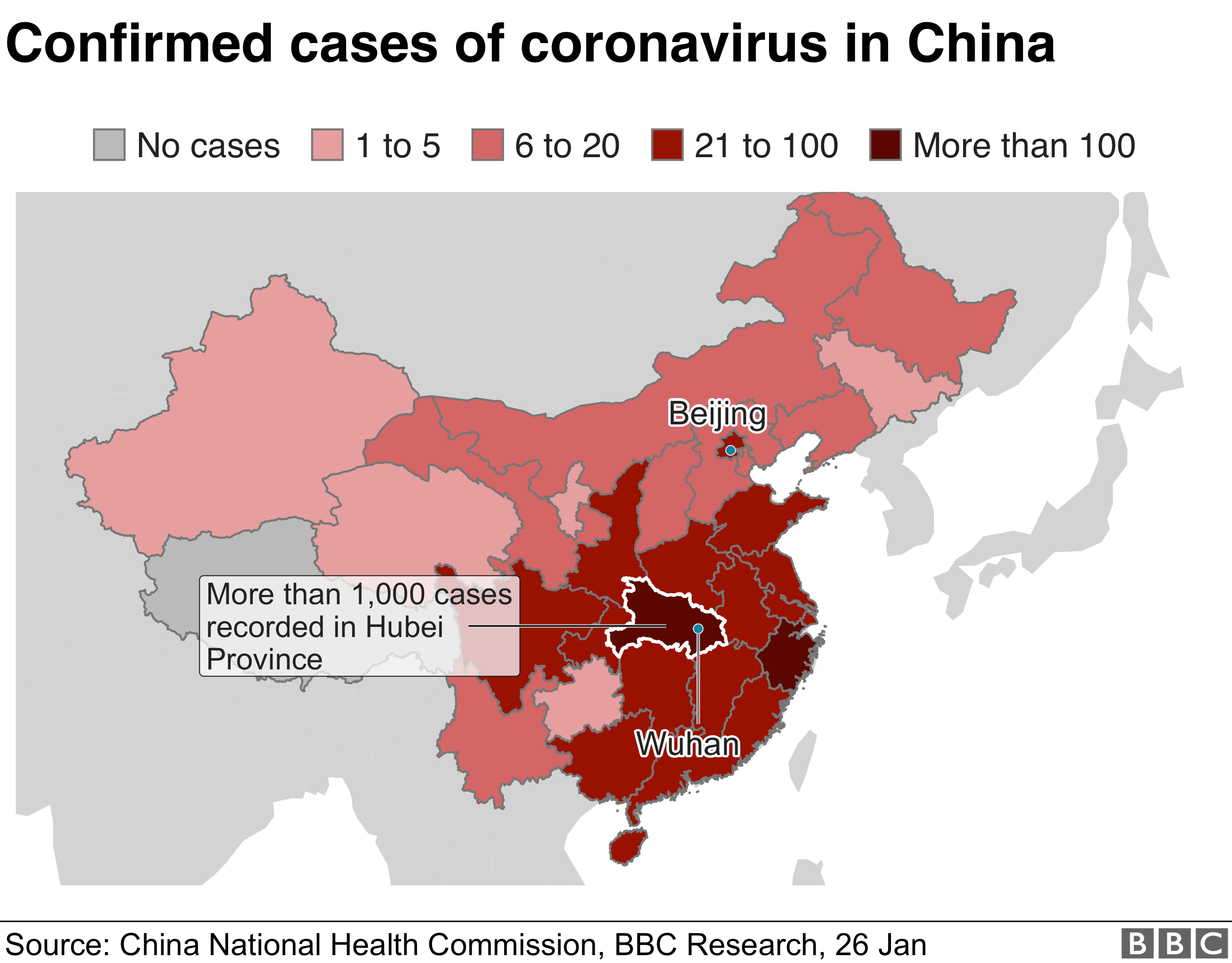 Тепловая карта показывает распространение вируса в Китае