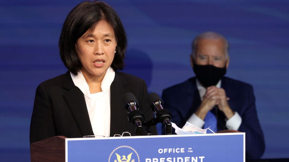 Katherine Tai speaks at an event after being introduced as Joe Biden’s nominee to be the next US Trade Representative in December
