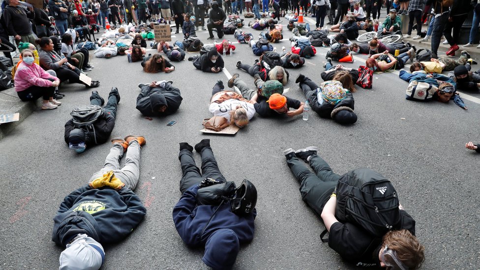 Protesters lie on the streets in Portland, Oregon