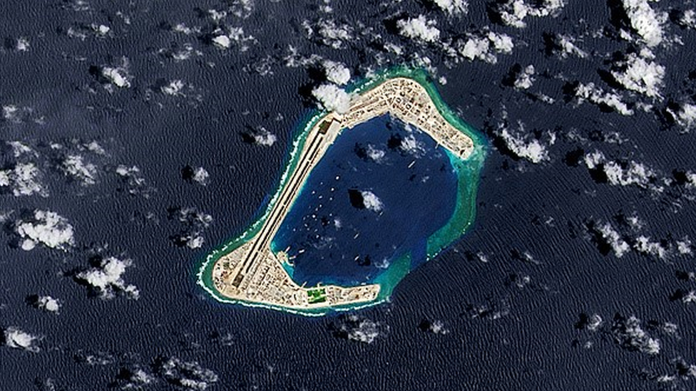 A satellite image of Subi Reef, an artificial island being developed in the South China Sea.