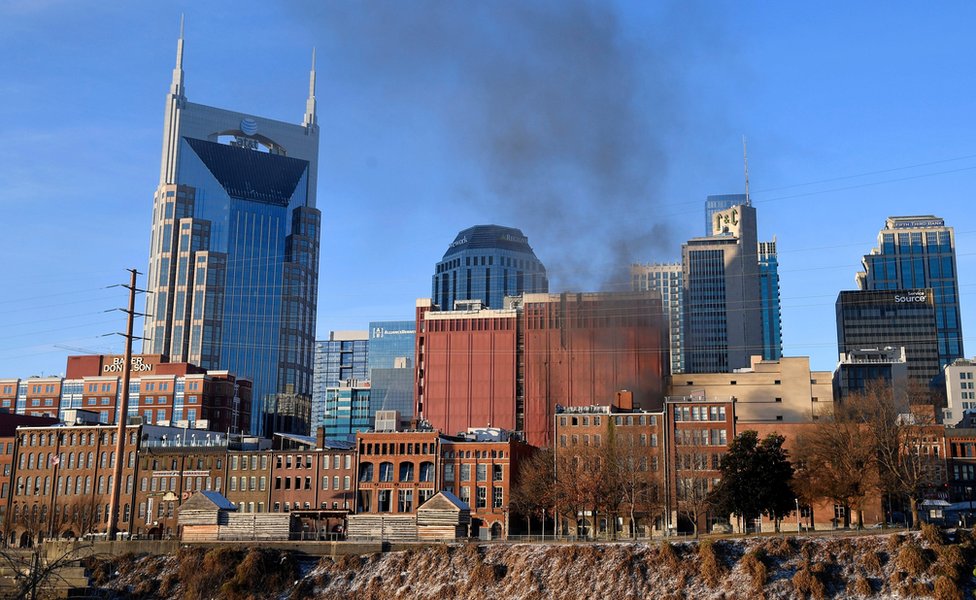 Smoke billows from the site of an explosion in the area of Second and Commerce in Nashville