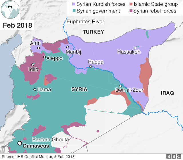 Карта, показывающая контроль над Сирией (5 февраля 2018 г.)