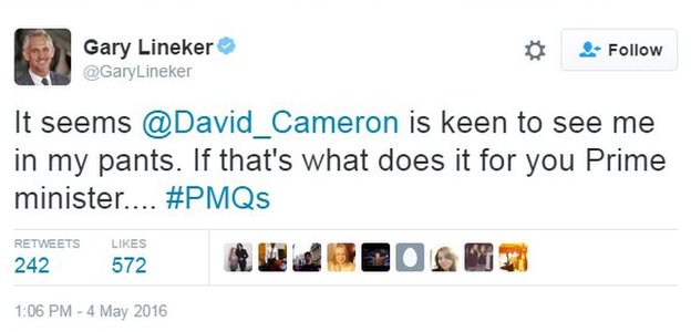 Гэри Линекер пишет в Твиттере: Кажется, @David_Cameron очень хочет видеть меня в штанах. Если это то, что вам нужно, премьер-министр .... #PMQs