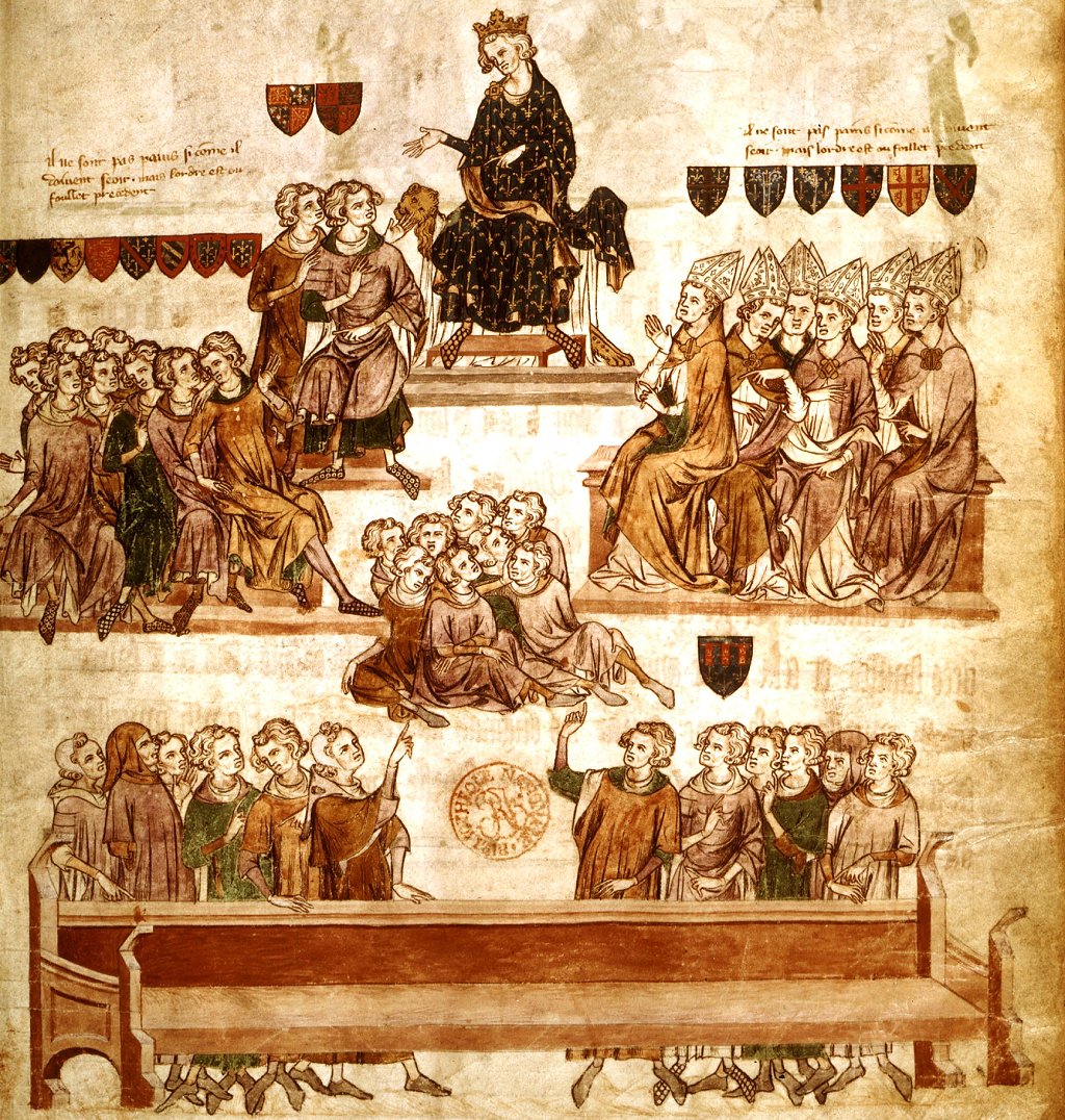 Felipe IV 'el Hermoso' presidiendo una sesión del Parlamento (de las actas del juicio de Roberto de Artois en 1330), siglo XIV, Francia.