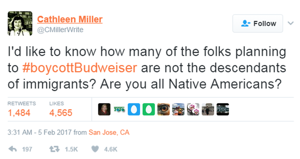 Tweet: Я хотел бы знать, сколько людей, планирующих бойкотировать Budweiser, не являются потомками иммигрантов. Вы все коренные американцы?