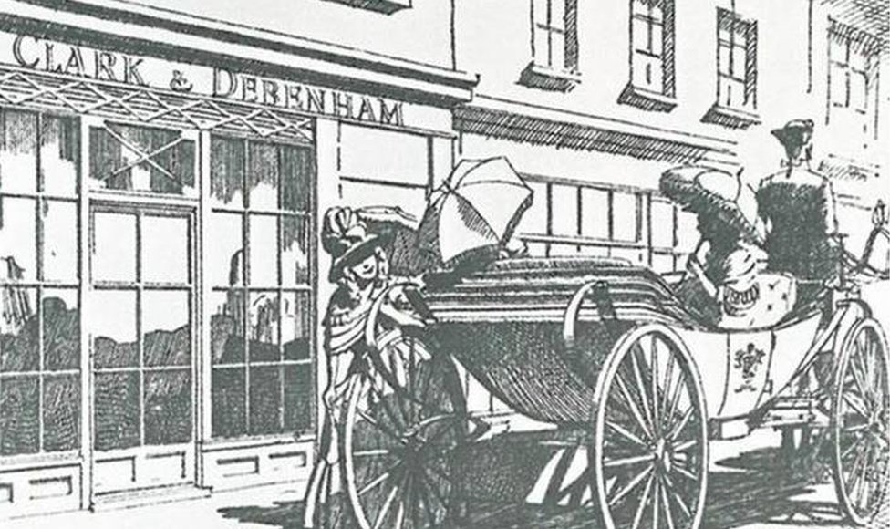 Иллюстрация покупателей у магазина Clark and Debenham в XIX веке