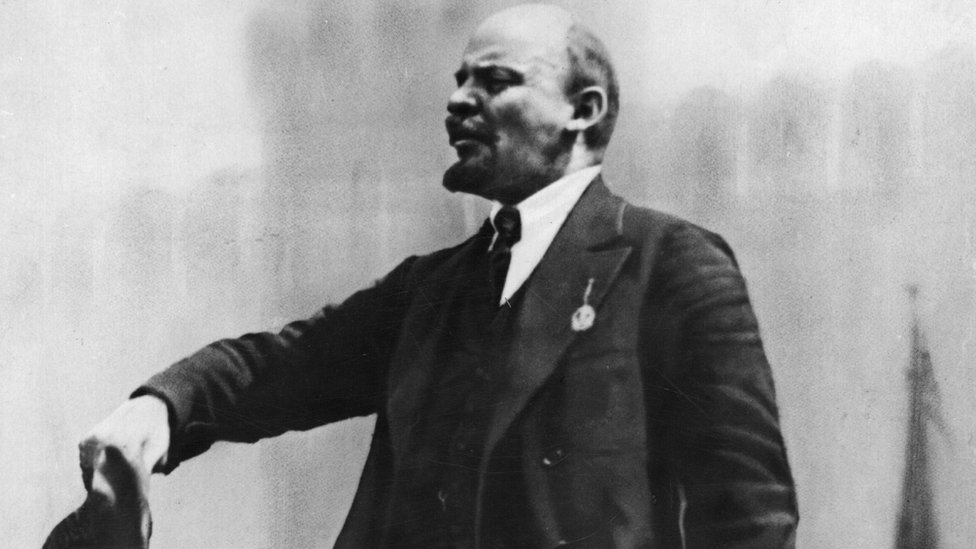 A picture of Vladimir Lenin making a speech