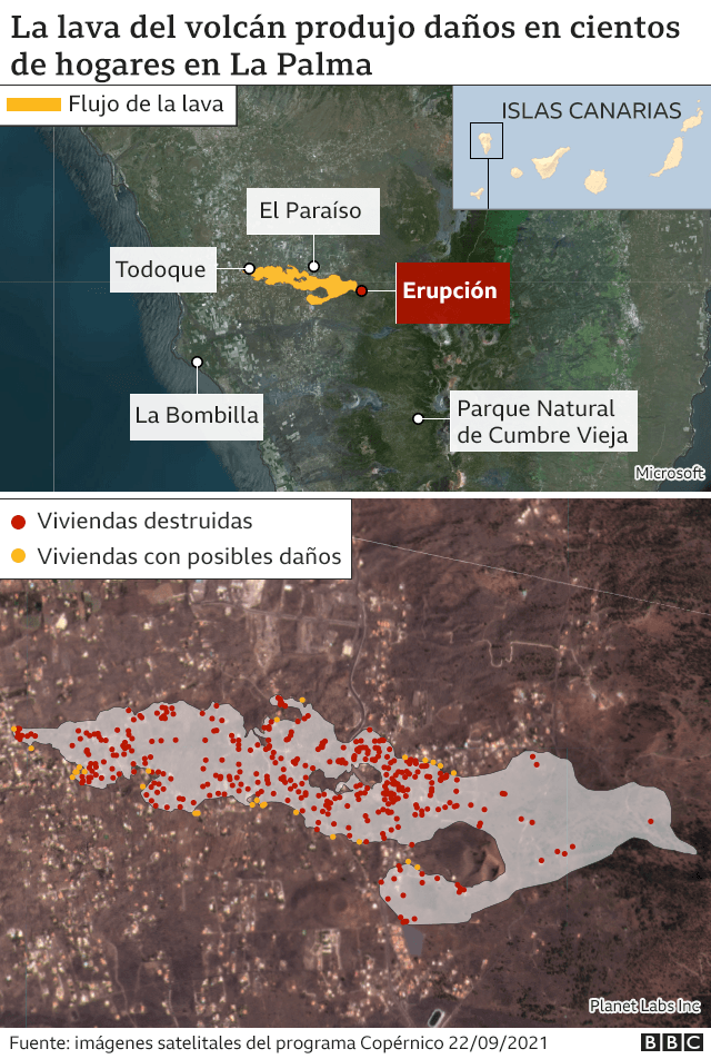 Mapa del volcán en islas Canarias.