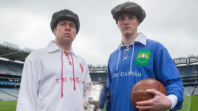 Tyrone's Sean Cavanagh and Cavan's Gearoid McKiernan in 1916 kits